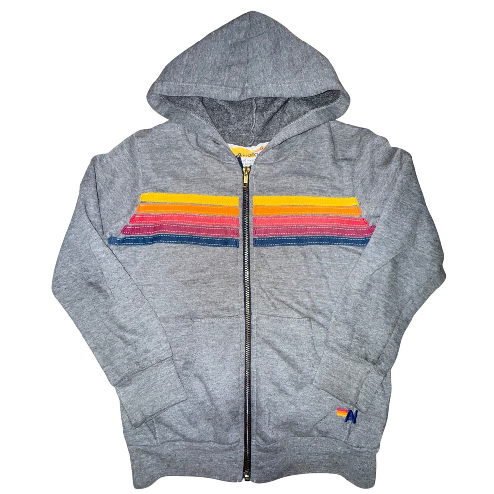 Aviator Nation Hoodie Sz 8 Gray Rainbow Stripe Zip Up Kids Retro Surf California